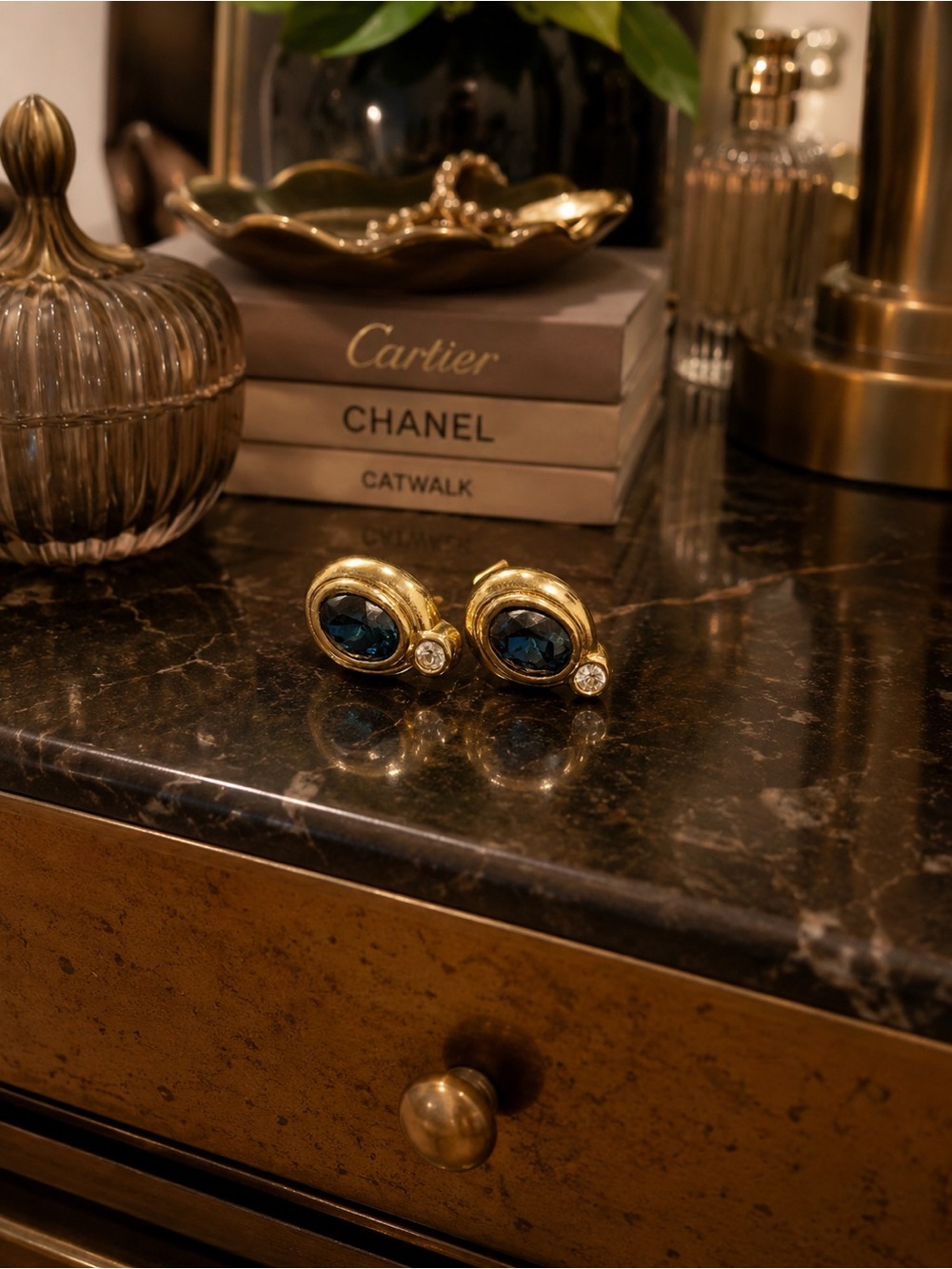 Vintage Avon Gold Tone Blue Rhinestone Stud Earrings Retro Glam